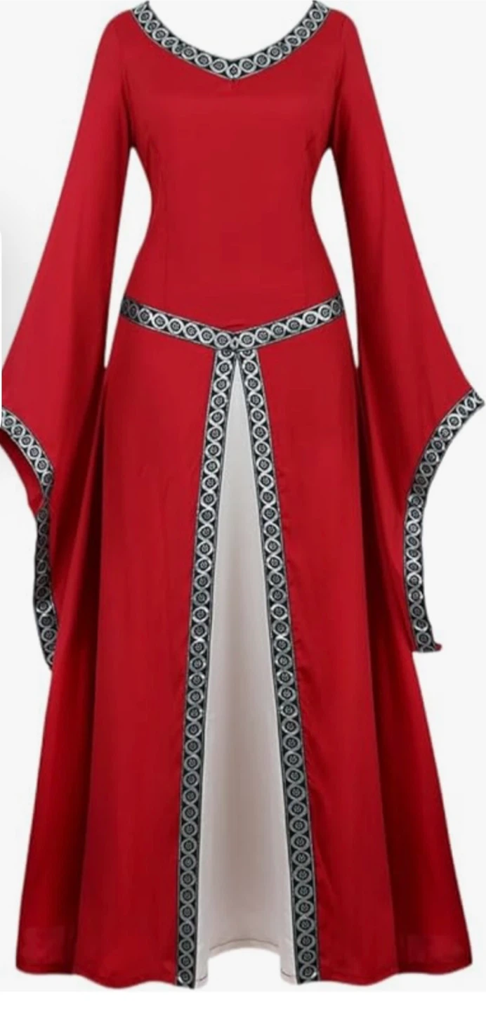 Red Medieval Style Dress with Silver Trim