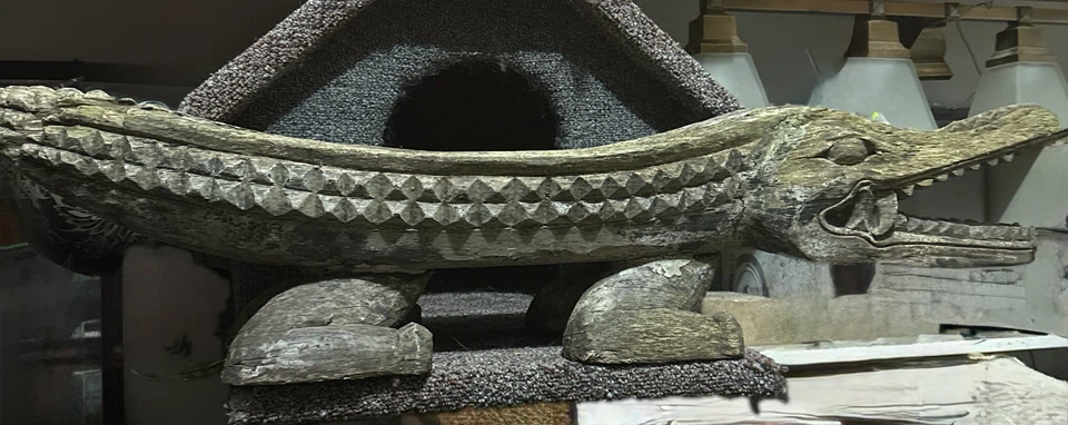 Hand-carved wooden crocodile sculpture