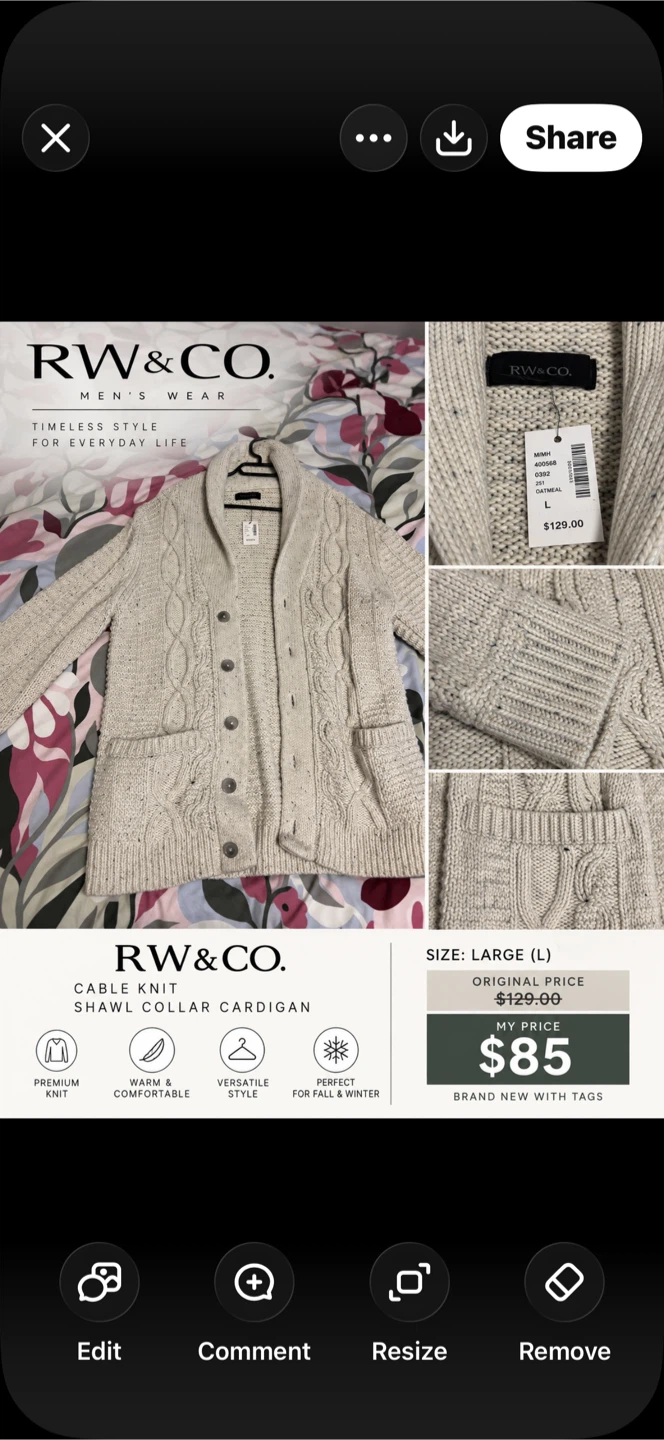 RW&CO. Cable Knit Shawl Collar Cardigan - Oatmeal - photo 4