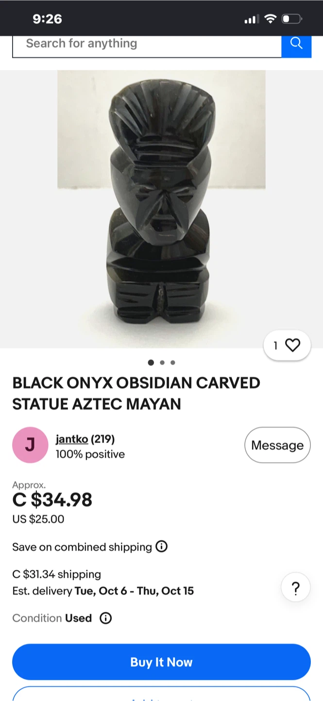 Black Obsidian Carved Aztec Mayan Statue - photo 3