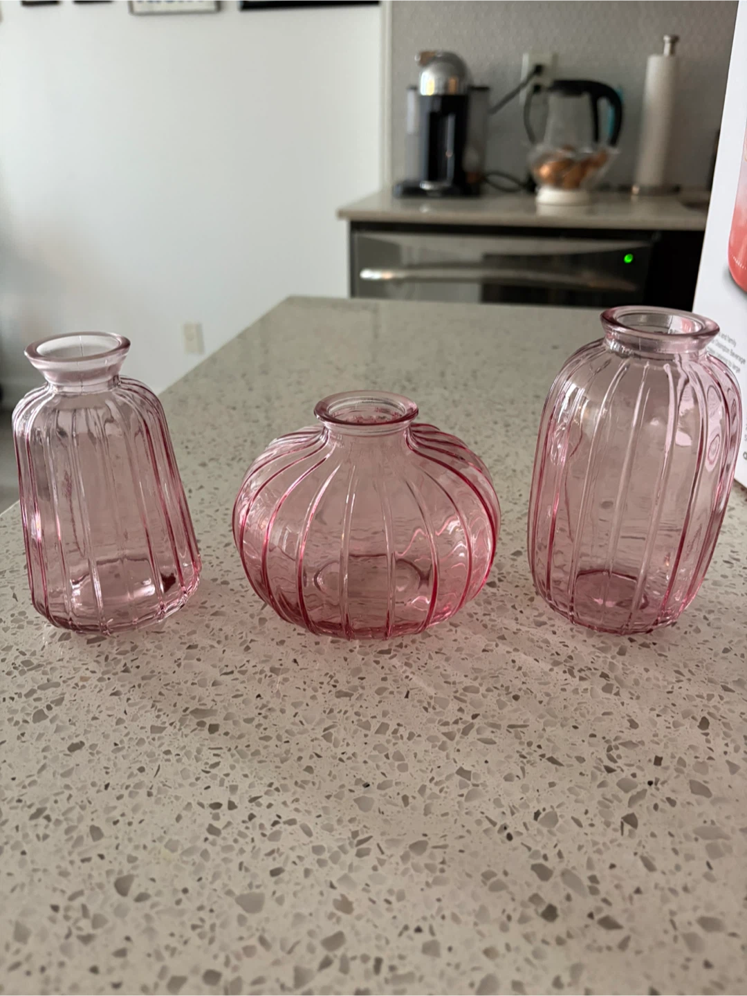 Set of 3 Pink Ribbed Glass Bud Vases