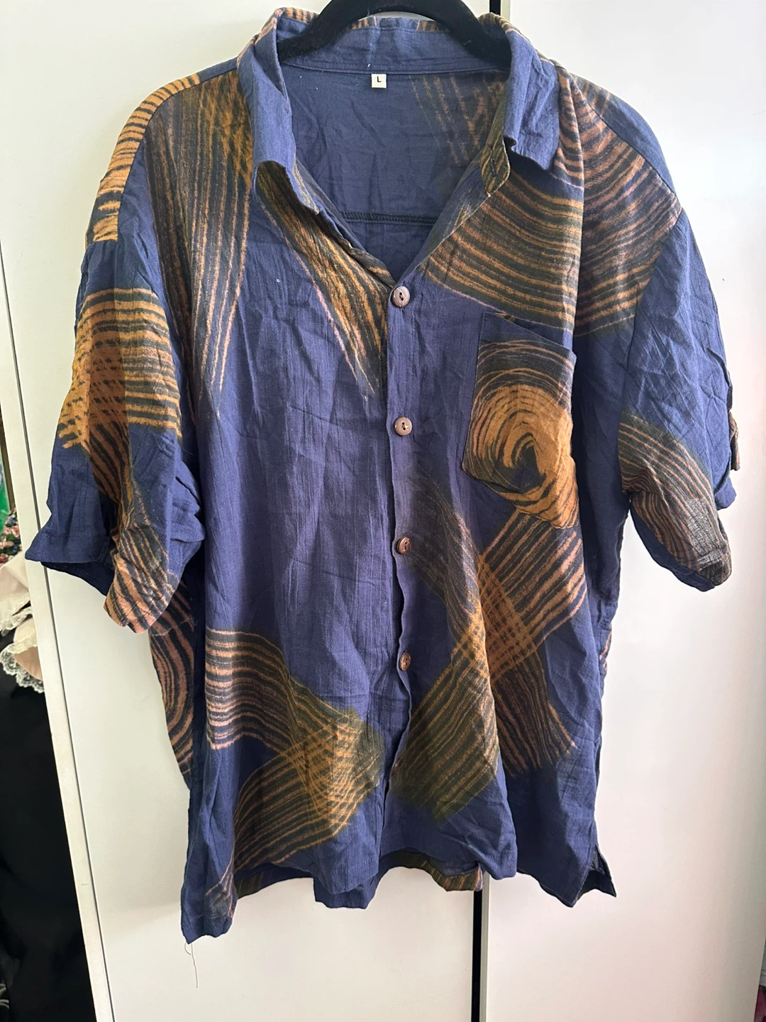 Blue and brown printed short sleeve shirt