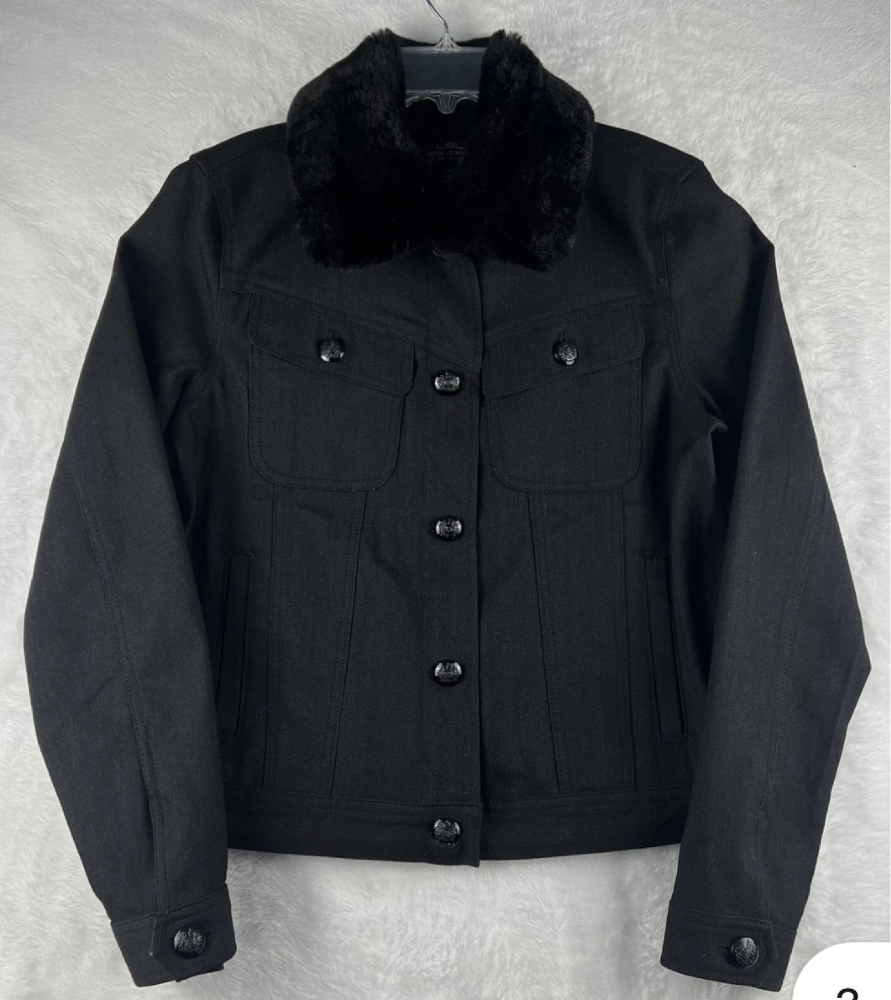 LRL Lauren Jeans Co. Black Denim Jacket with Fur Collar