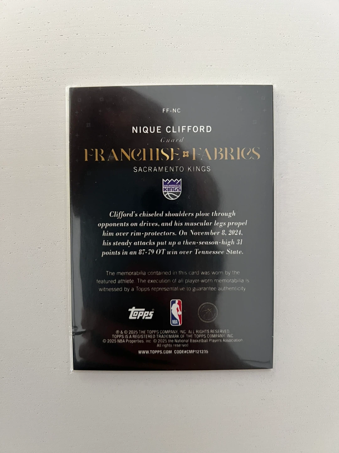 2025 Topps Franchise Fabrics Nique Clifford RC Card - photo 2