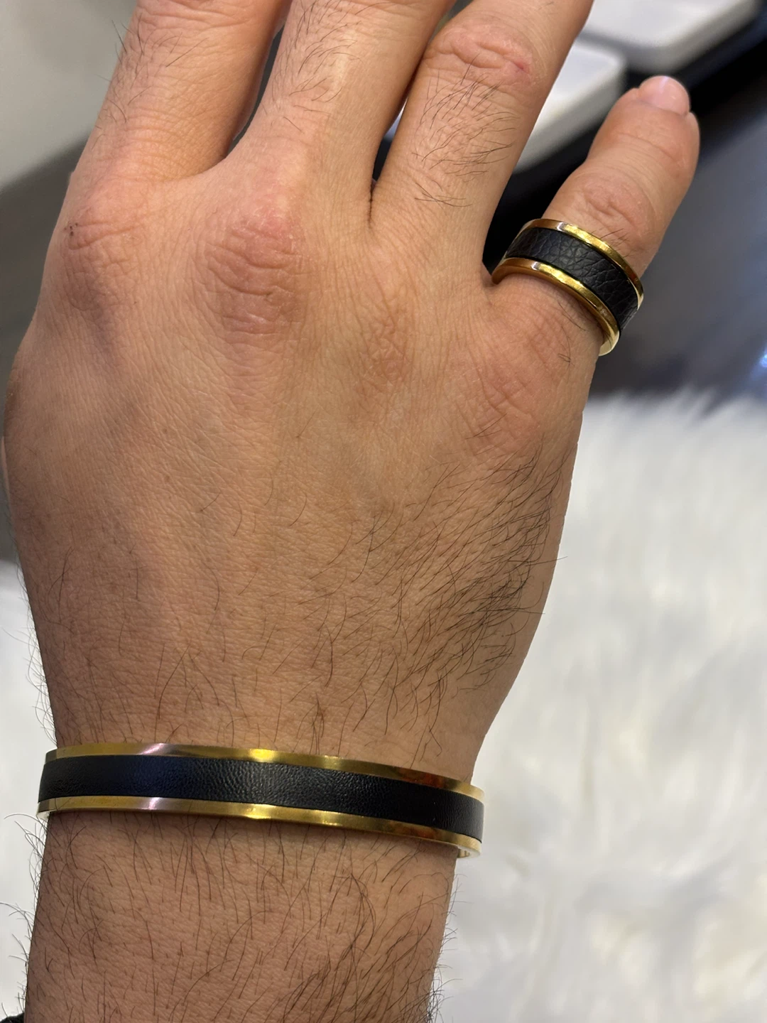 Gold and black leather band ring and cuff bracelet set