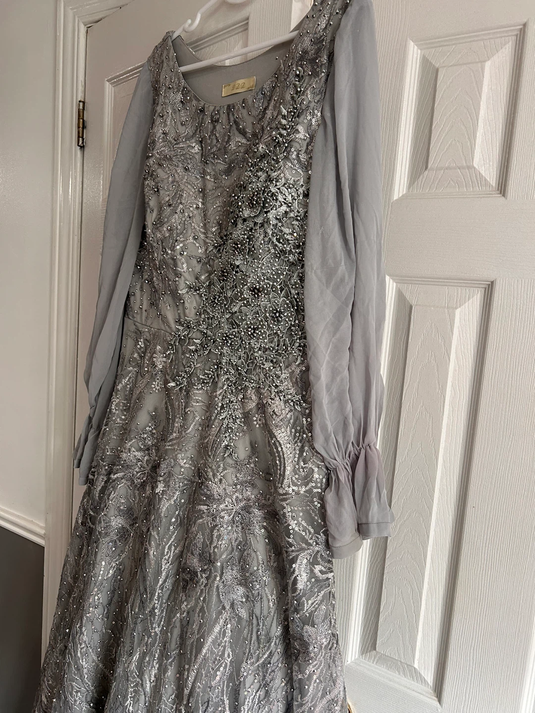Silver Embellished Long Sleeve Evening Gown