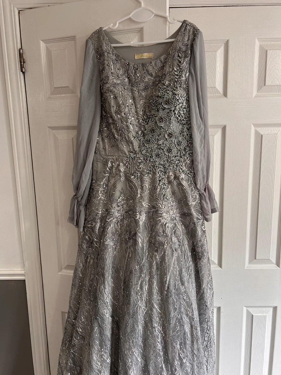 Silver Embellished Long Sleeve Evening Gown - photo 2