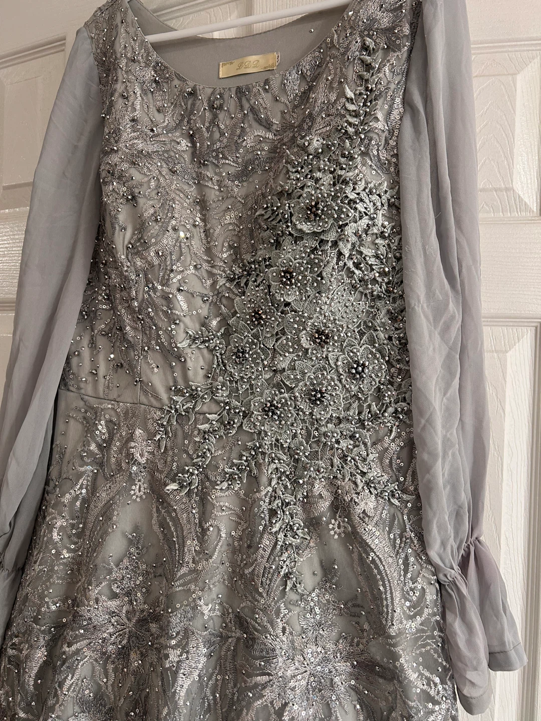 Silver Embellished Long Sleeve Evening Gown - photo 3