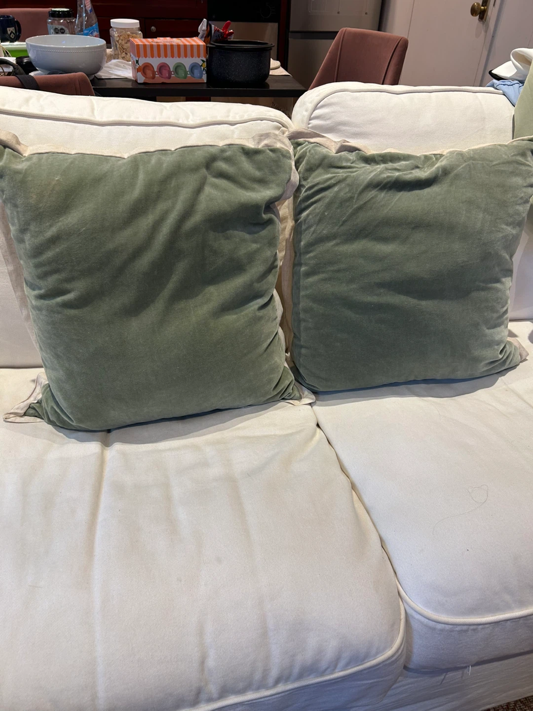 Two Green Velvet Throw Pillows