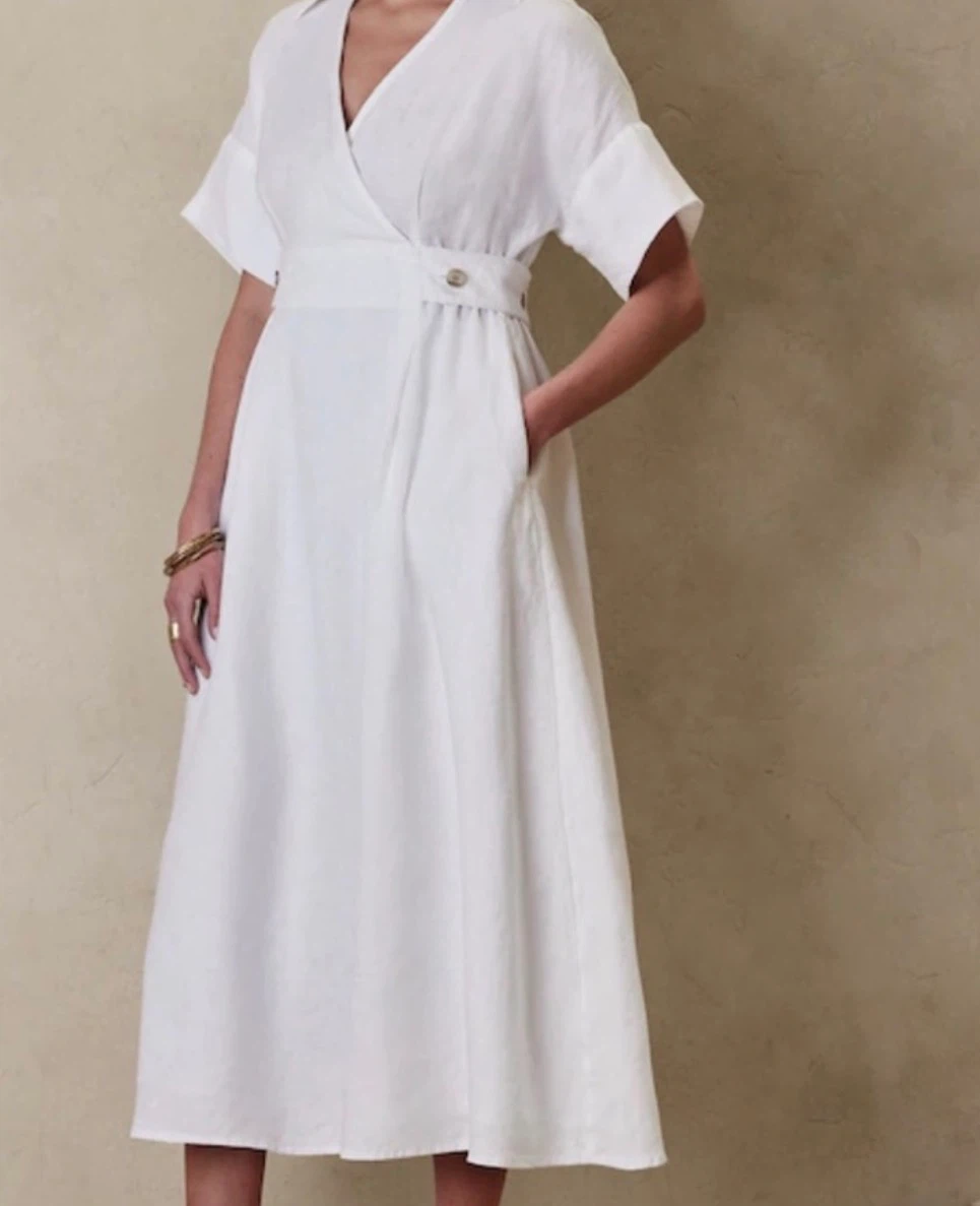 100% Linen Banana Republic Linen Wrap Dress - White - Size Small