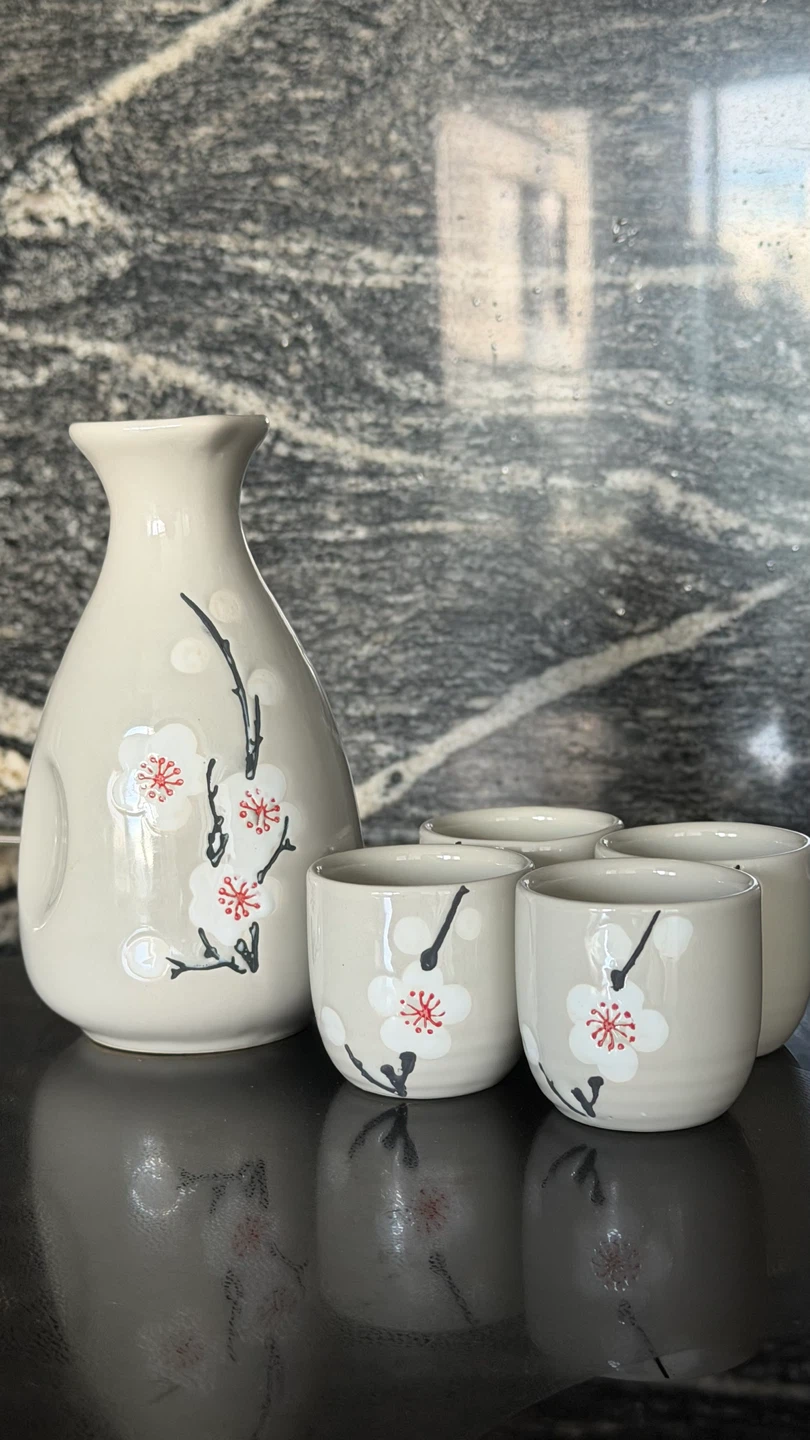 Ceramic Sake Set with Floral Pattern