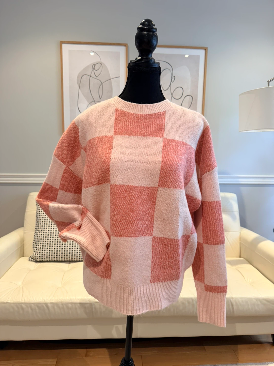 Pink and Peach Checkered Sweater