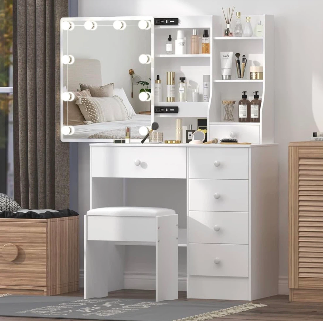 White Makeup Vanity Table with Sliding Mirror and Stool