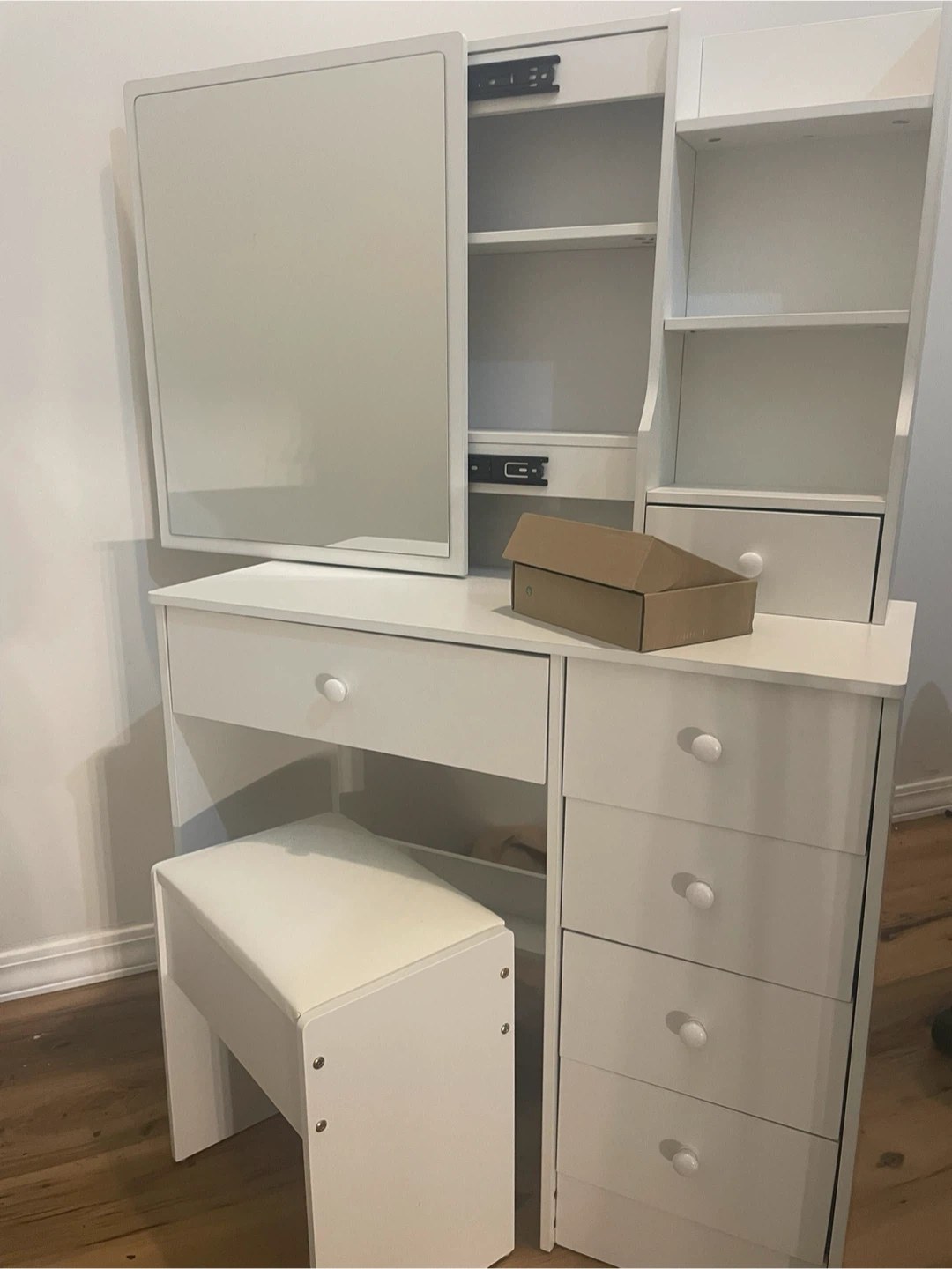 White Makeup Vanity Table with Sliding Mirror and Stool - photo 2