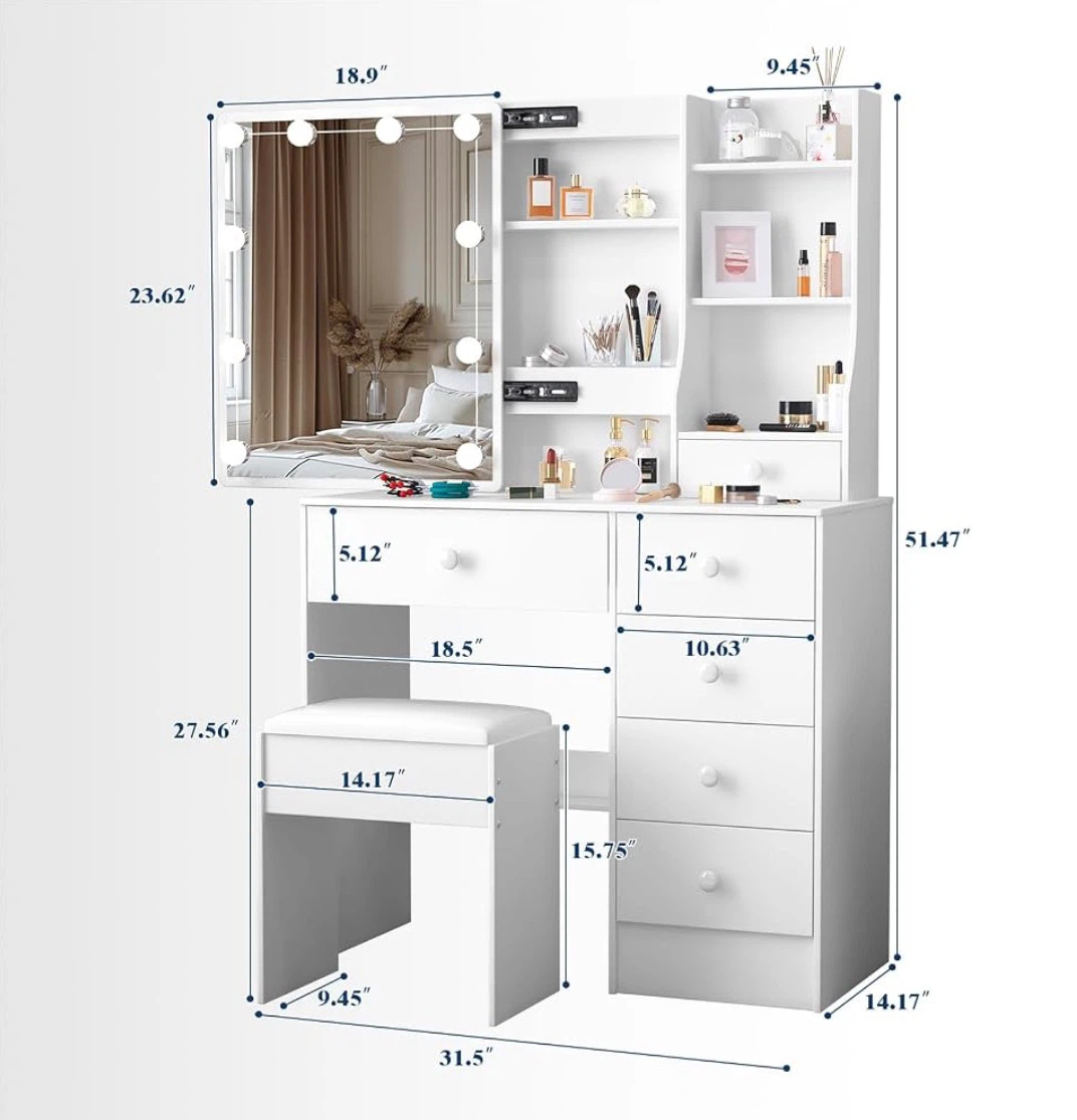 White Makeup Vanity Table with Sliding Mirror and Stool - photo 3