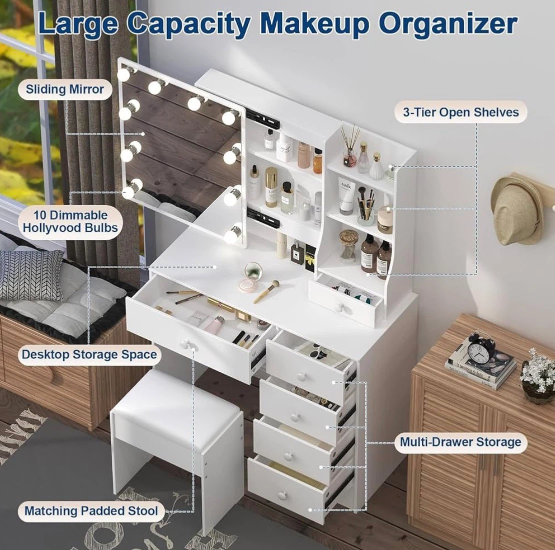 White Makeup Vanity Table with Sliding Mirror and Stool - photo 4