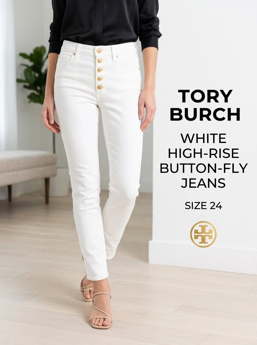Tory Burch White High-Rise Button-Fly Jeans Size 24