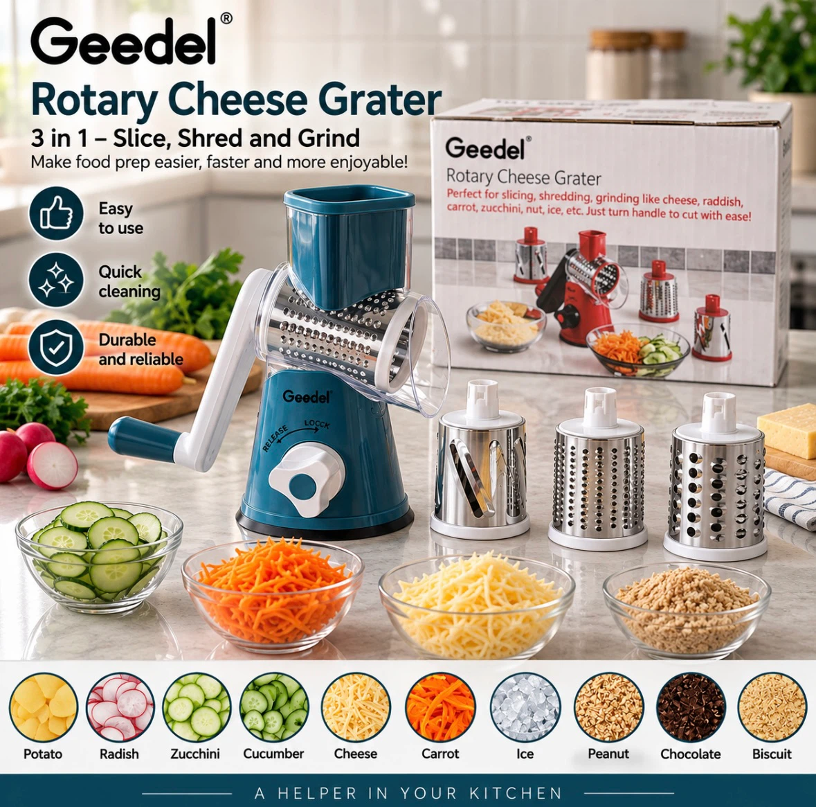 Geedel 3-in-1 Rotary Cheese Grater – New