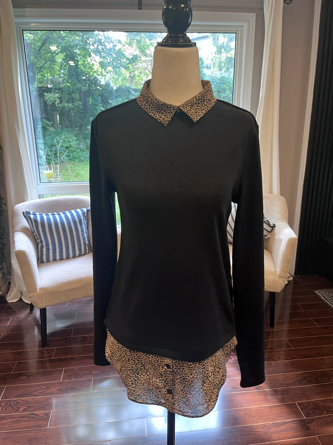 Suzy Shier Leopard Print Collared Top