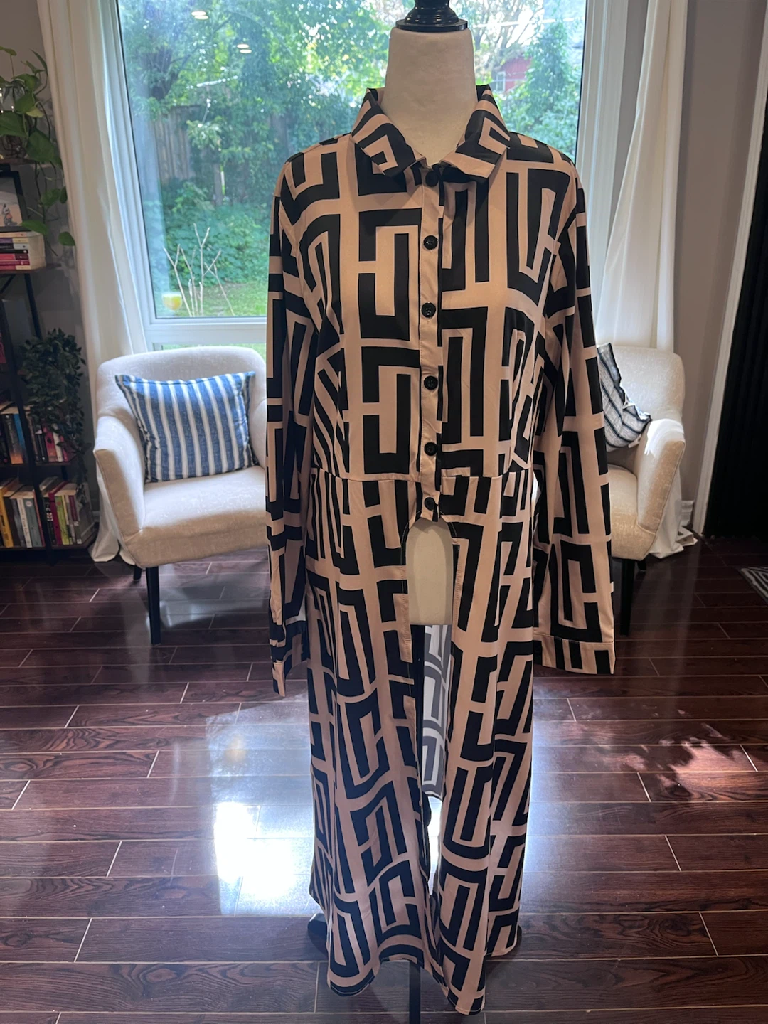 Black and Beige Geometric Pattern Shirt Dress