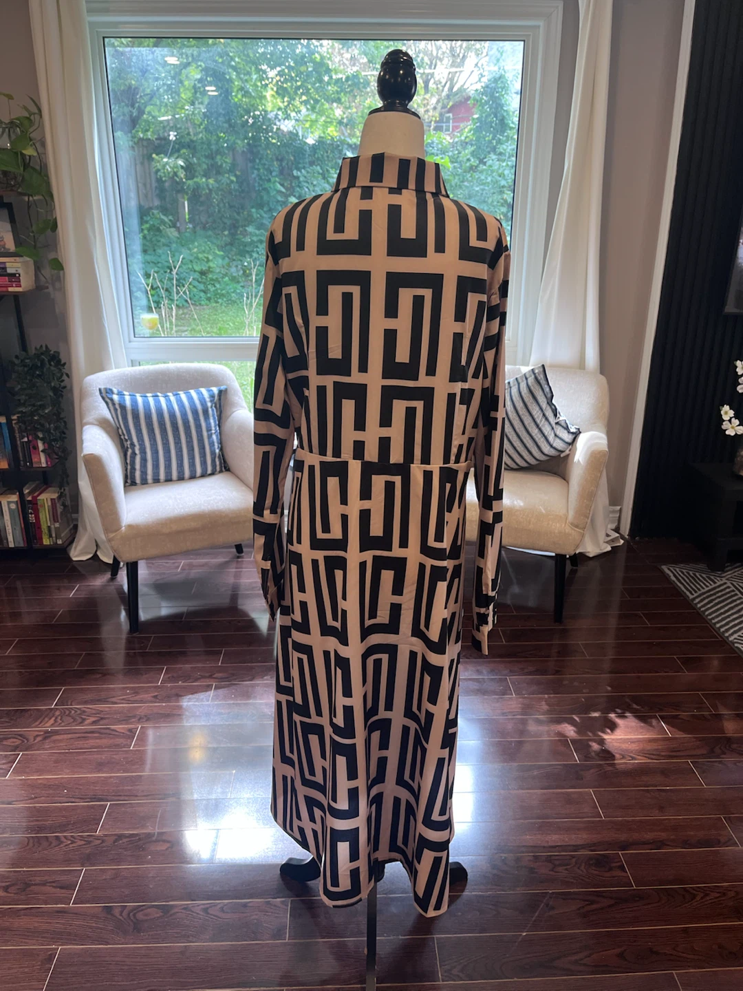 Black and Beige Geometric Pattern Shirt Dress - photo 3