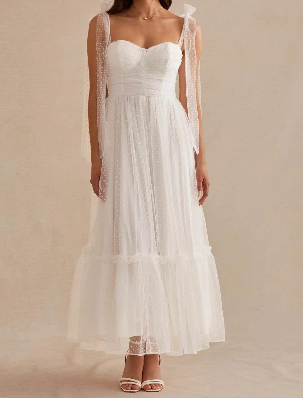 White Swiss Dot Tulle Maxi Dress