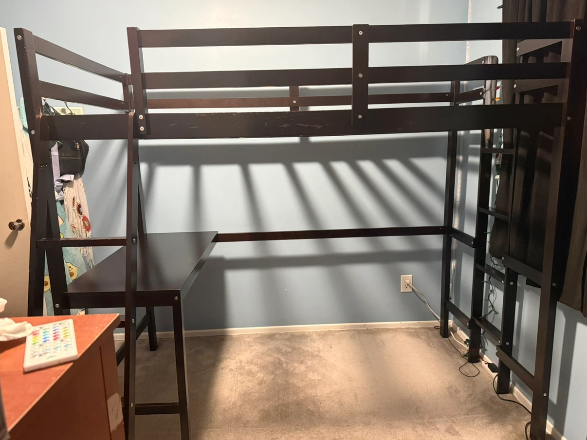 Dark Brown Wooden Loft Bed with Desk