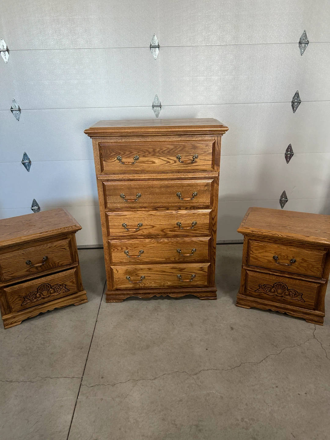 Bebe Furniture Oak Tallboy Dresser and 2 Nightstands