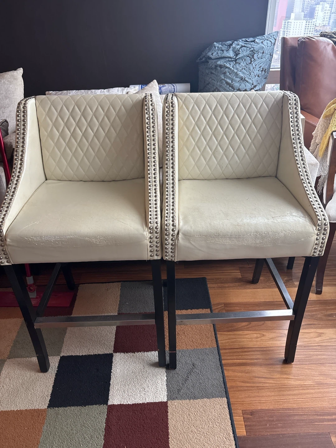 Set of Two Cream Quilted Bar Stools