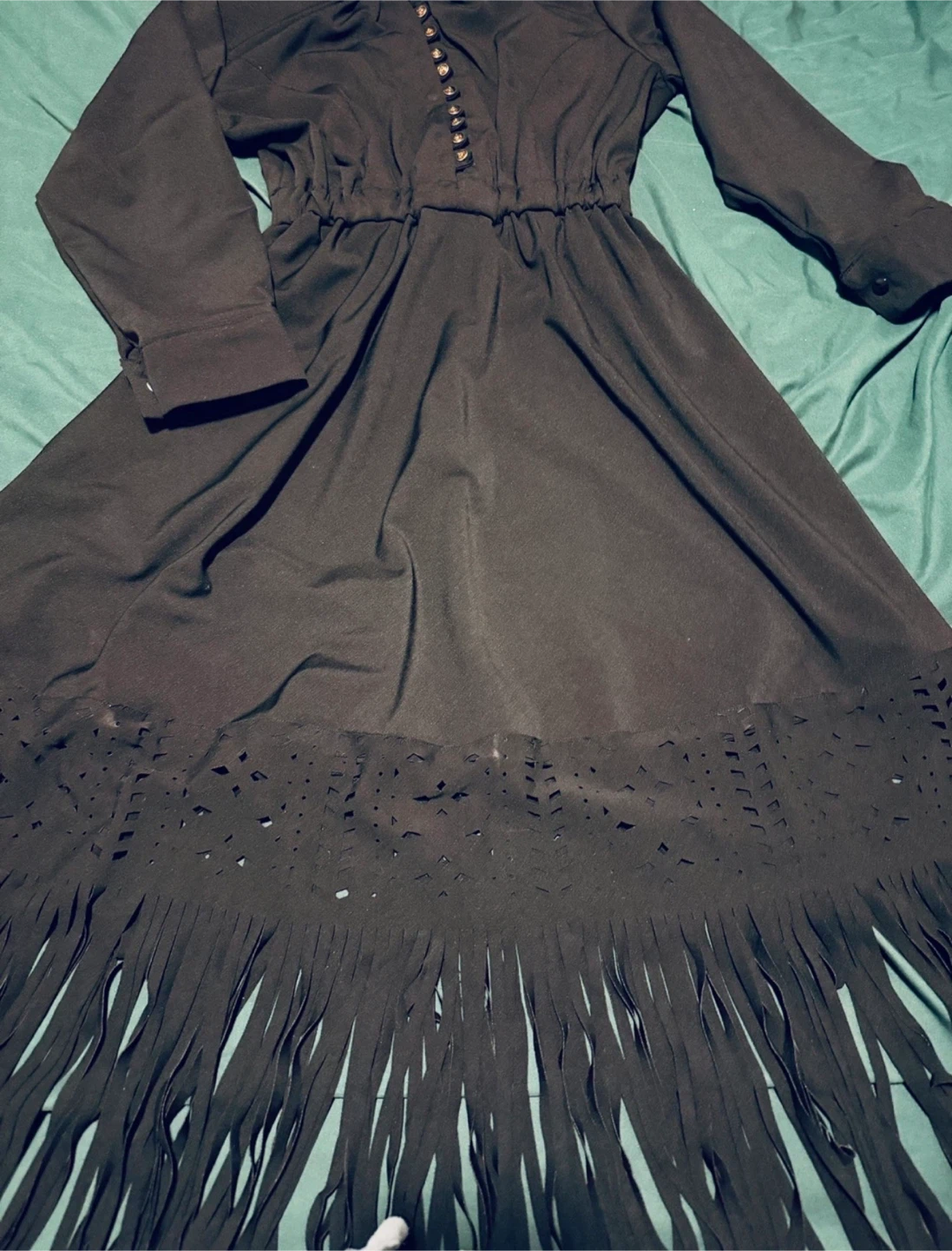 Black long-sleeve dress with fringe, brand new