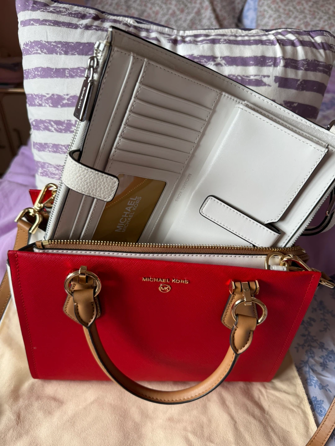 Michael Kors Red Satchel and White Wallet