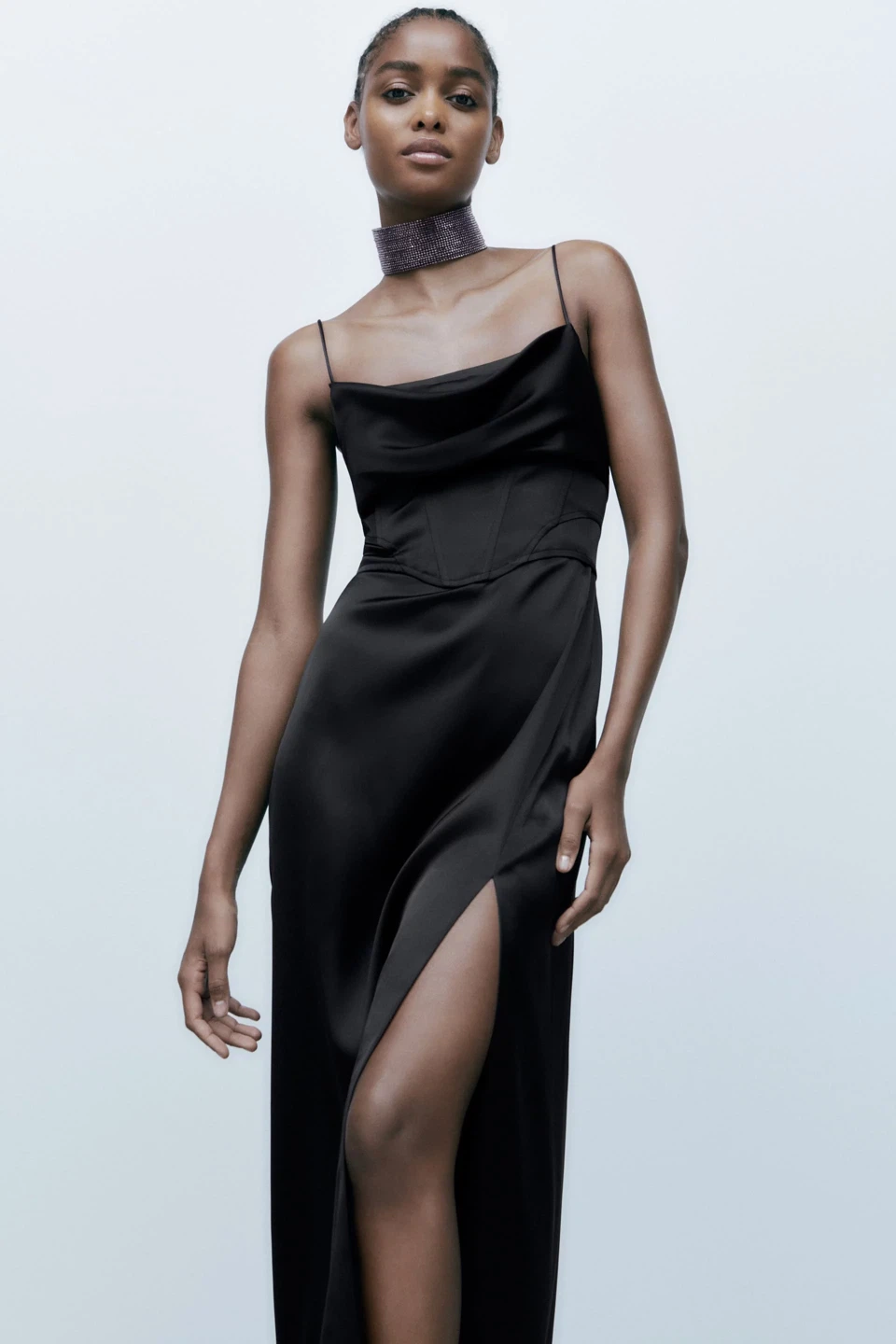 Zara Black Corset Satin Formal Dress Slit Spaghetti Straps XL