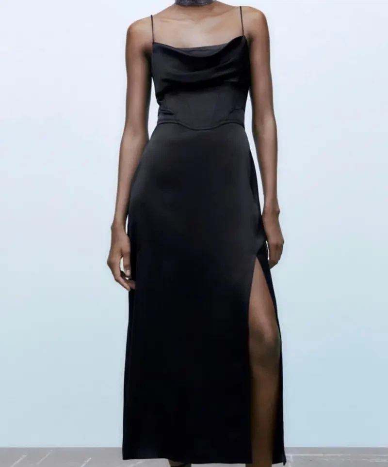 Zara Black Corset Satin Formal Dress Slit Spaghetti Straps XL - photo 2
