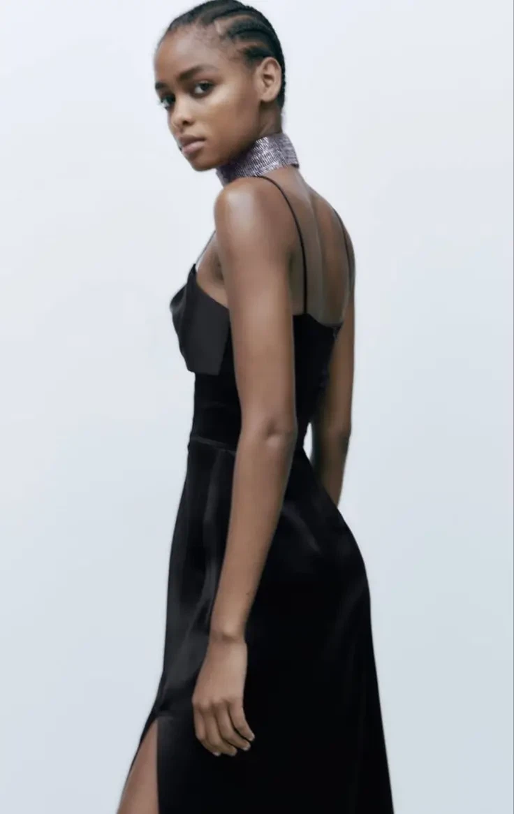 Zara Black Corset Satin Formal Dress Slit Spaghetti Straps XL - photo 3