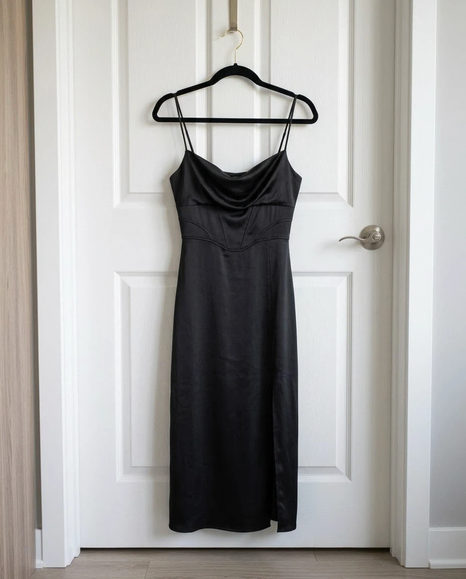 Zara Black Corset Satin Formal Dress Slit Spaghetti Straps XL - photo 4