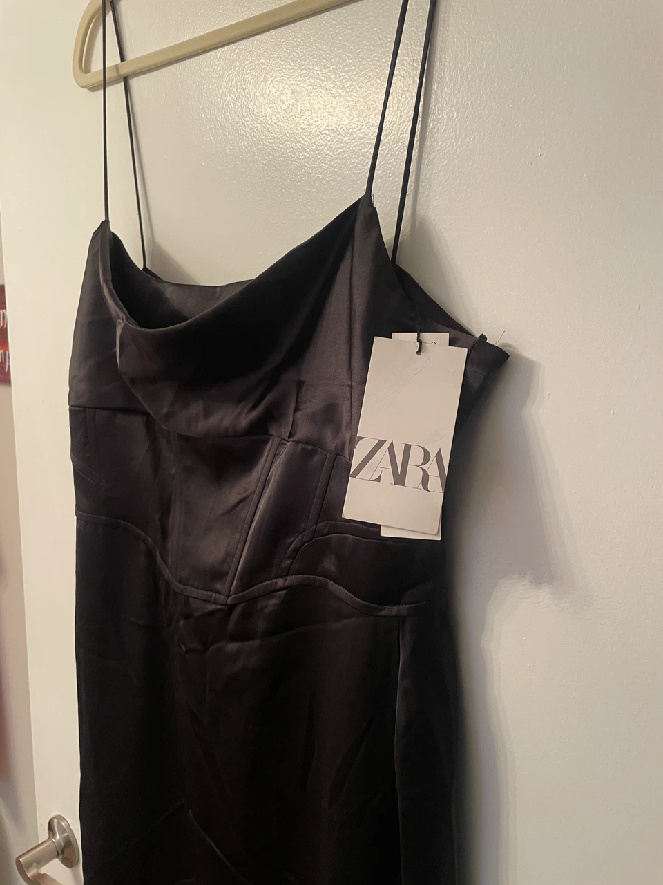 Zara Black Corset Satin Formal Dress Slit Spaghetti Straps XL - photo 5