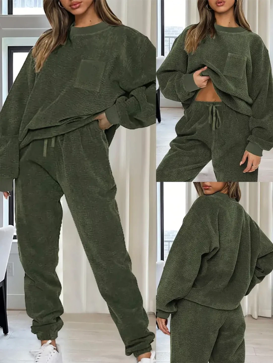Olive Green Waffle Knit Loungewear Set
