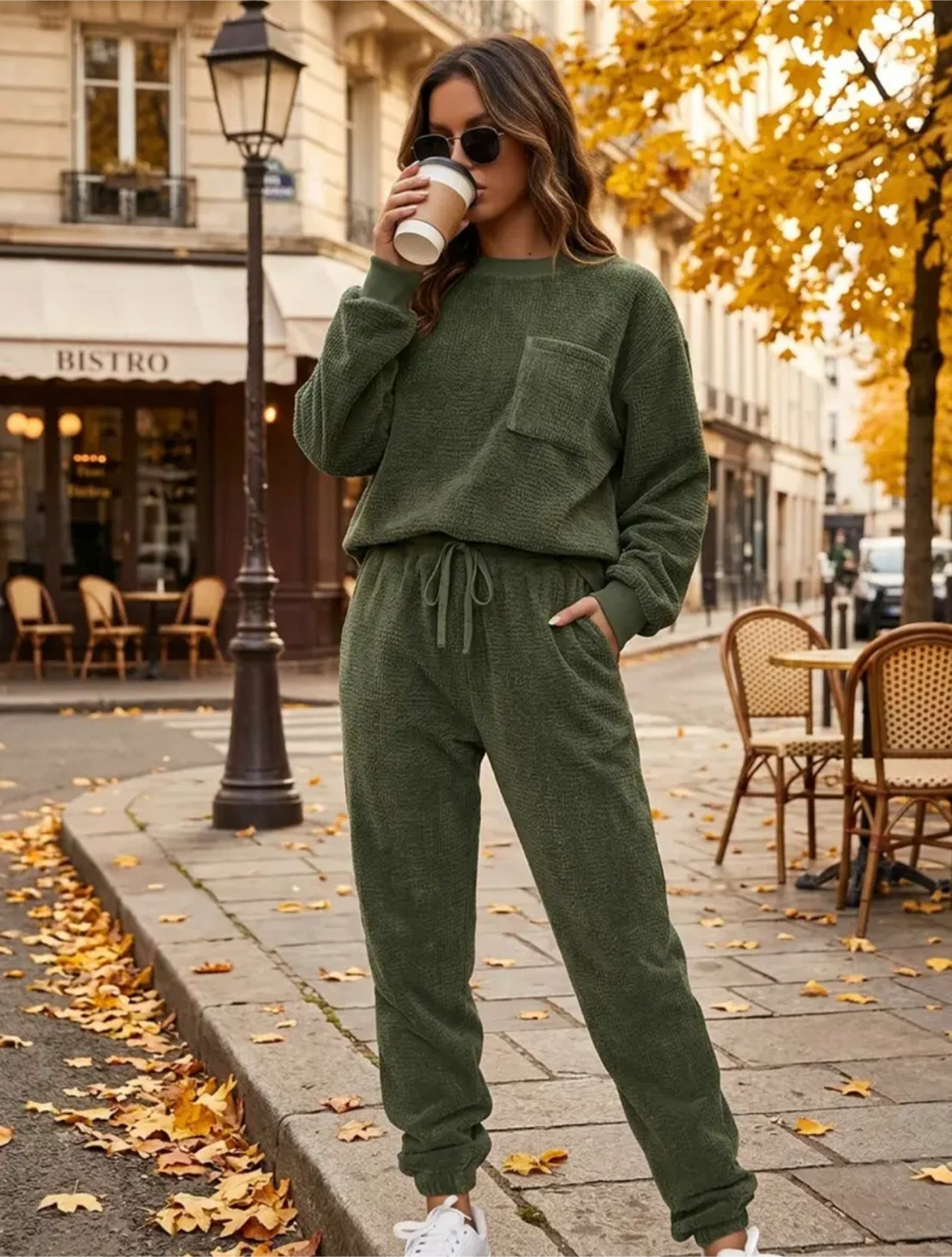 Olive Green Waffle Knit Loungewear Set - photo 2