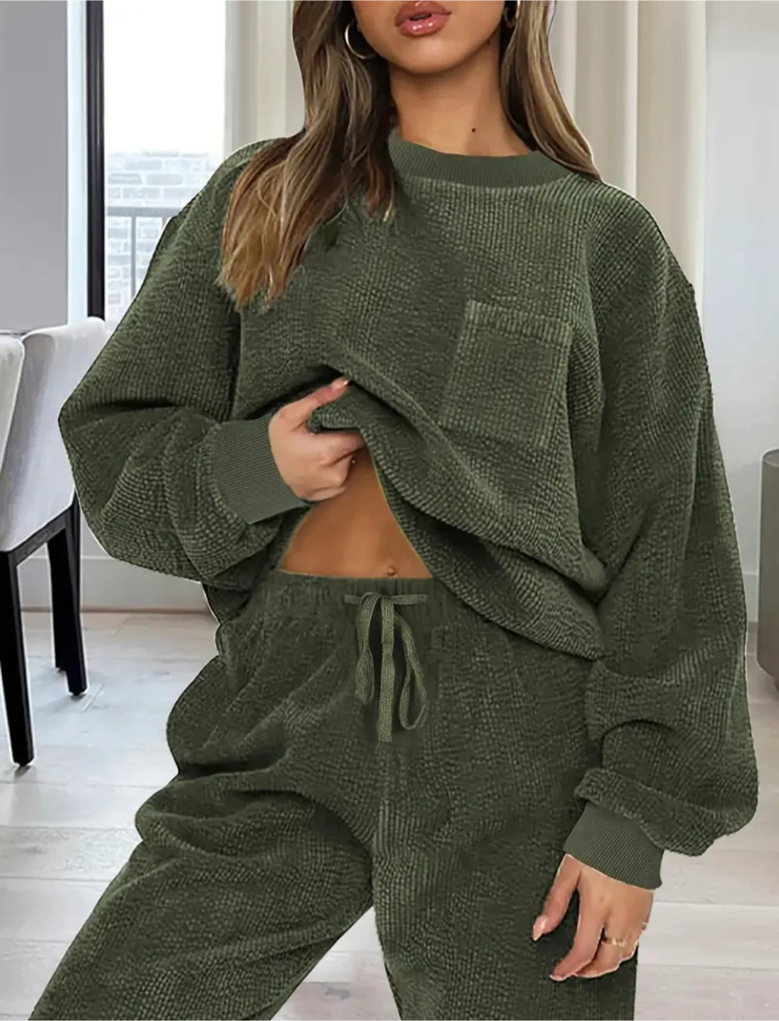 Olive Green Waffle Knit Loungewear Set - photo 3