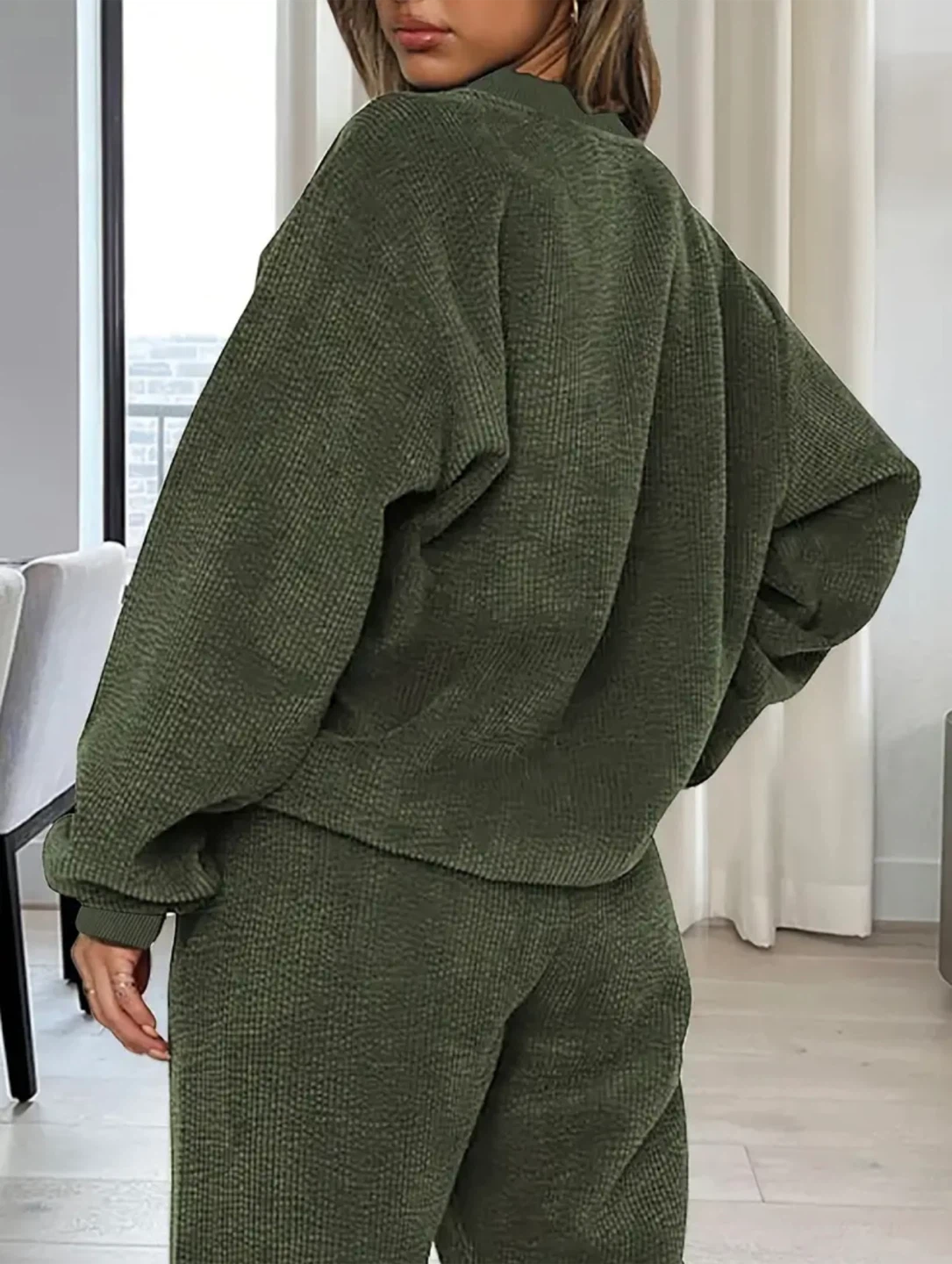 Olive Green Waffle Knit Loungewear Set - photo 4