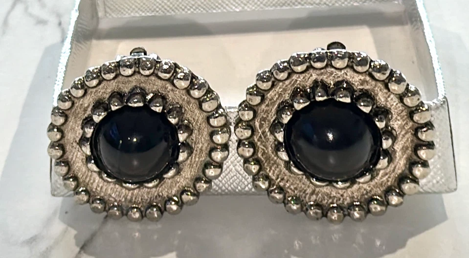 Round Black Cabochon Clip on Earrings-Beaded SilverTone Vintage
