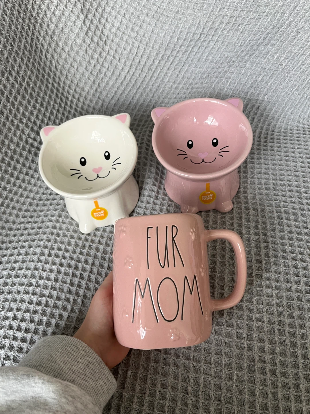 Ceramic Cat Bowls & "Fur Mom" Mug (Can Sell Separately!)