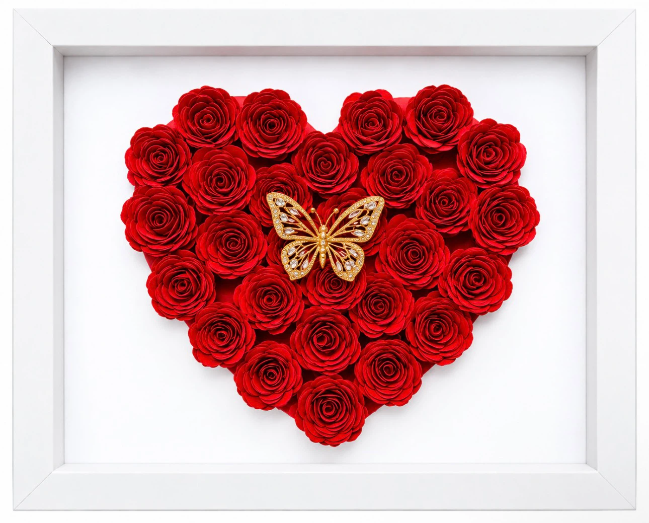 Heart Shaped Red Rose Shadow Box Art with Butterfly