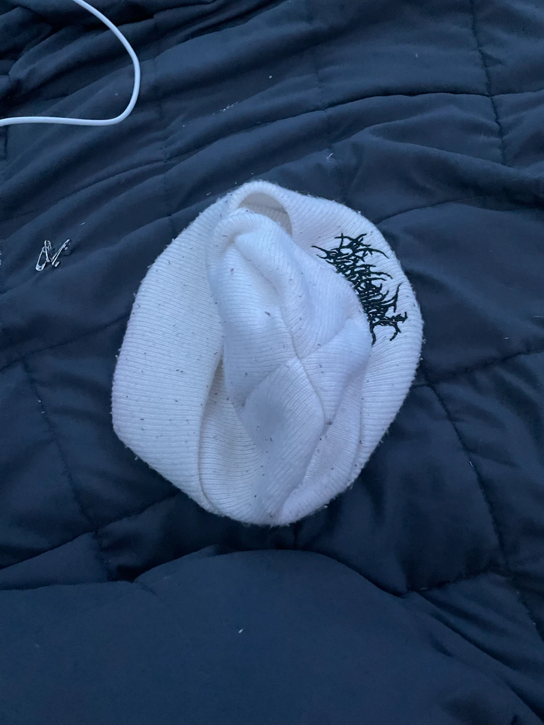 White Beanie with Black Embroidered Graphic
