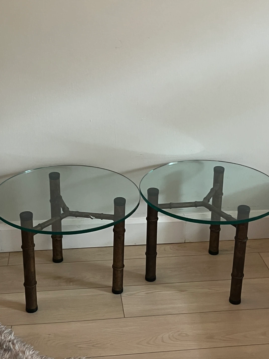 Two Faux Bamboo and Glass Side Tables