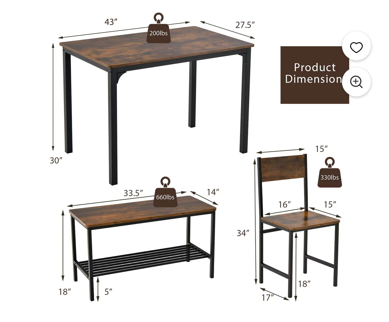 Dining Table Set with Two Chairs and Bench - photo 4