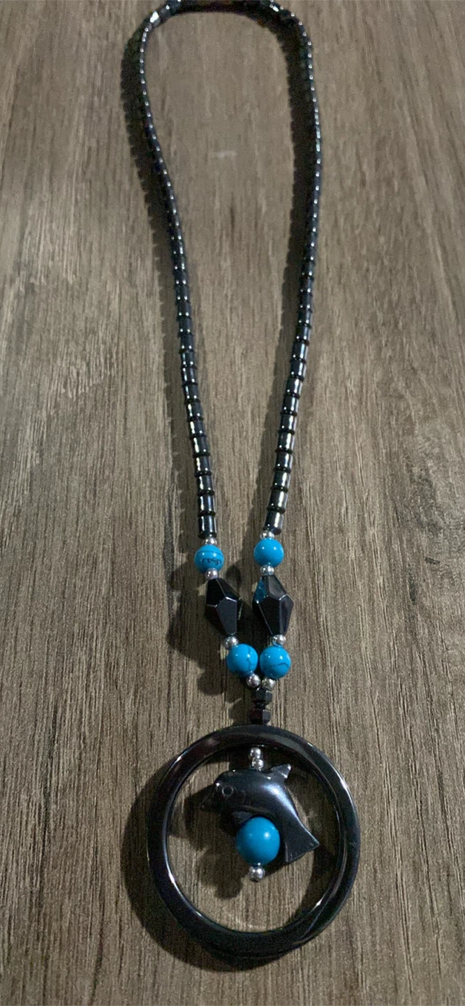 Dolphin Pendant Necklace with Black and Blue Beads