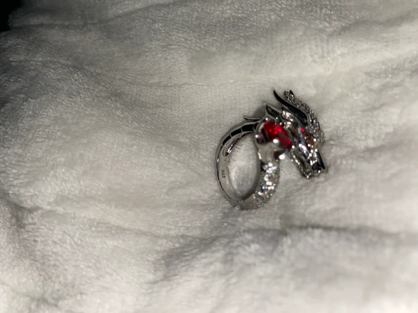 Silver Dragon Ring with Red Stone