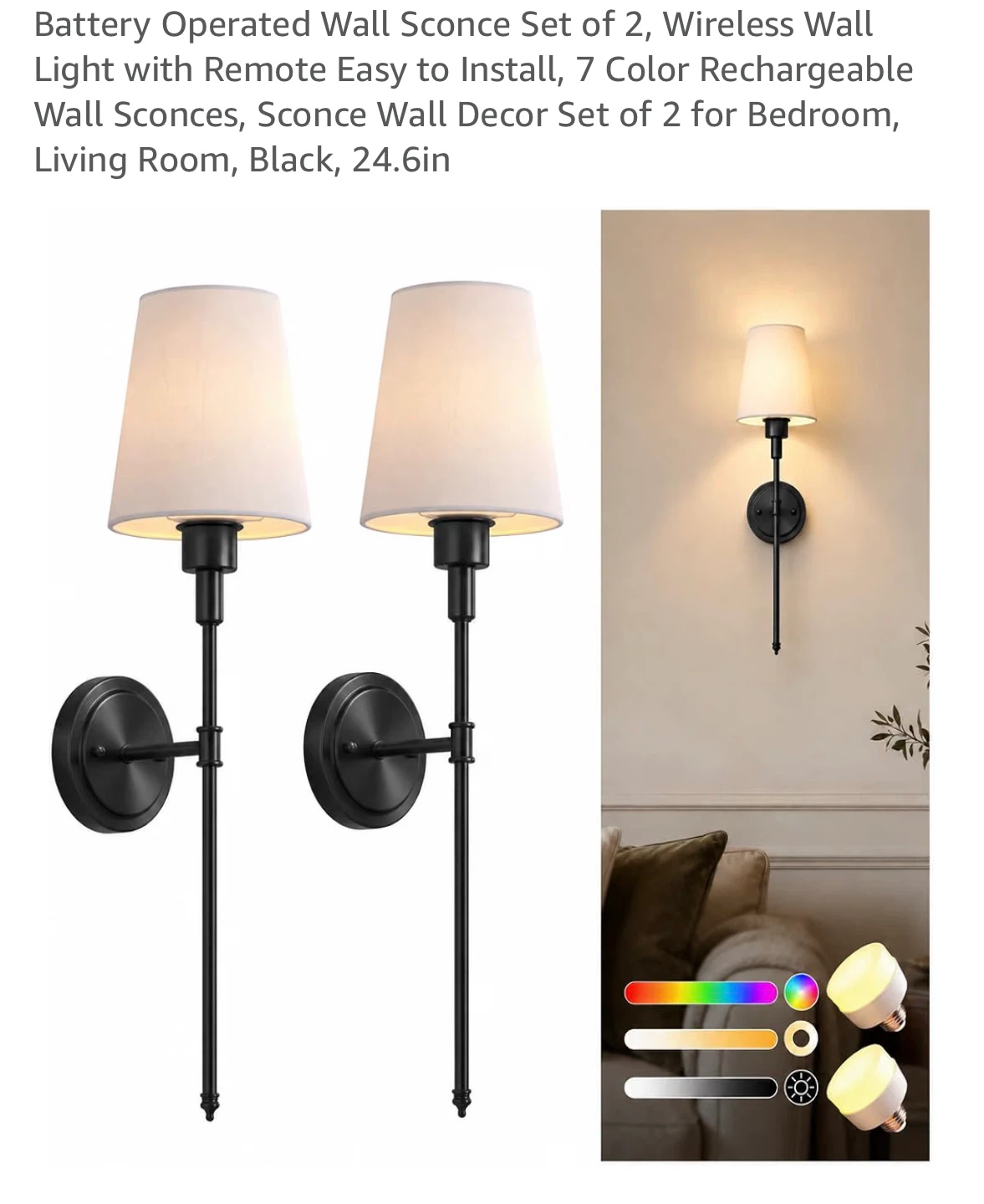 Set of 2 Wireless Battery Operated Wall Sconces
