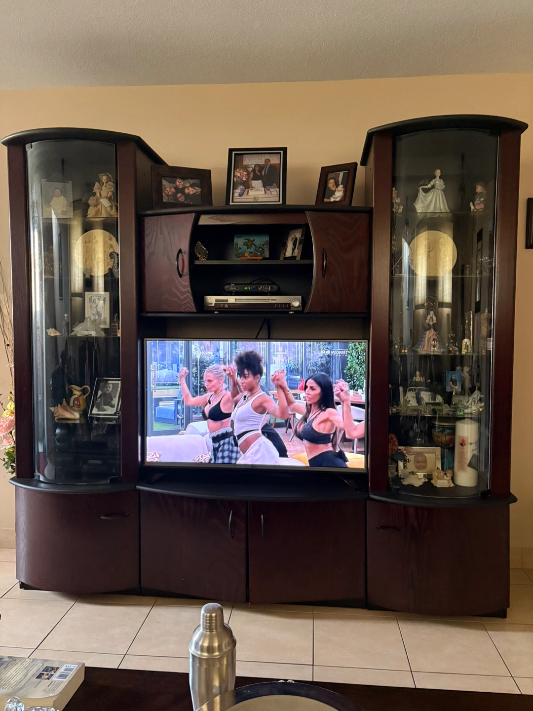 Large Dark Wood Entertainment Unit with Display Cabinets